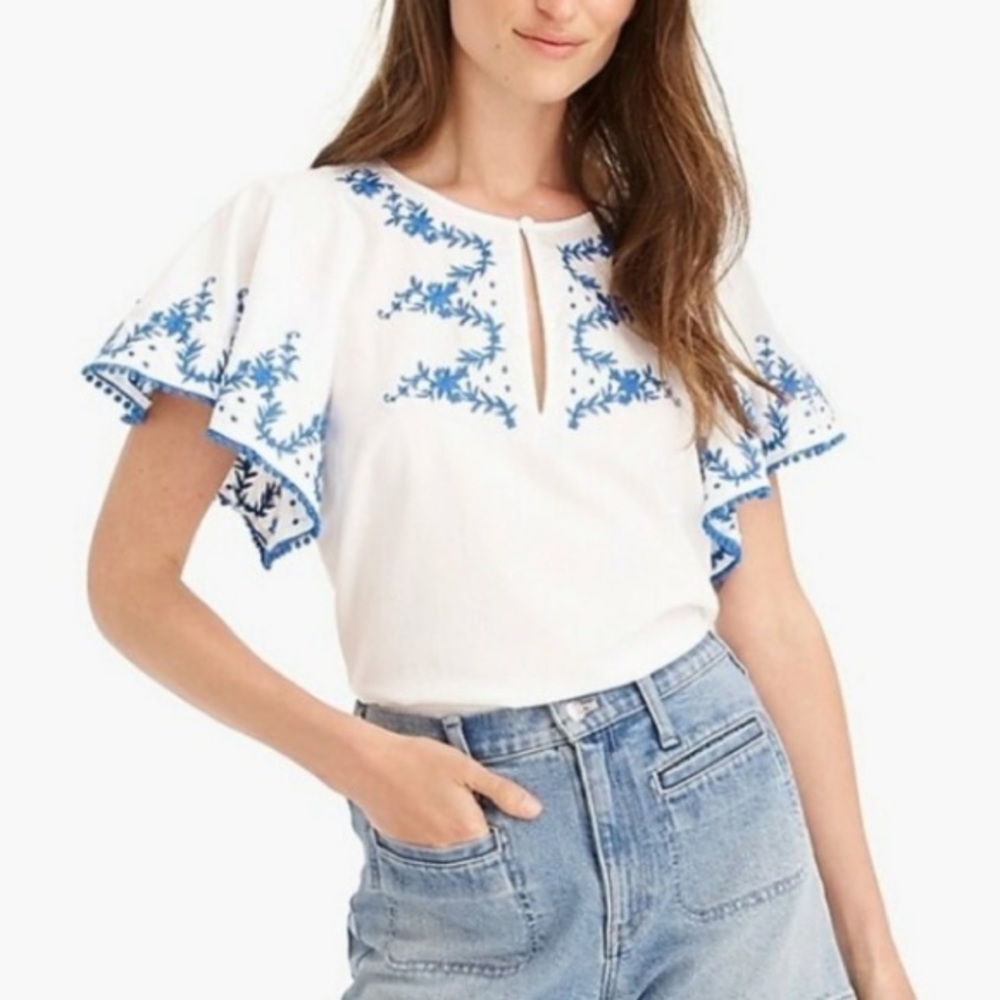 J. Crew White and Blue Embroidered Blouse